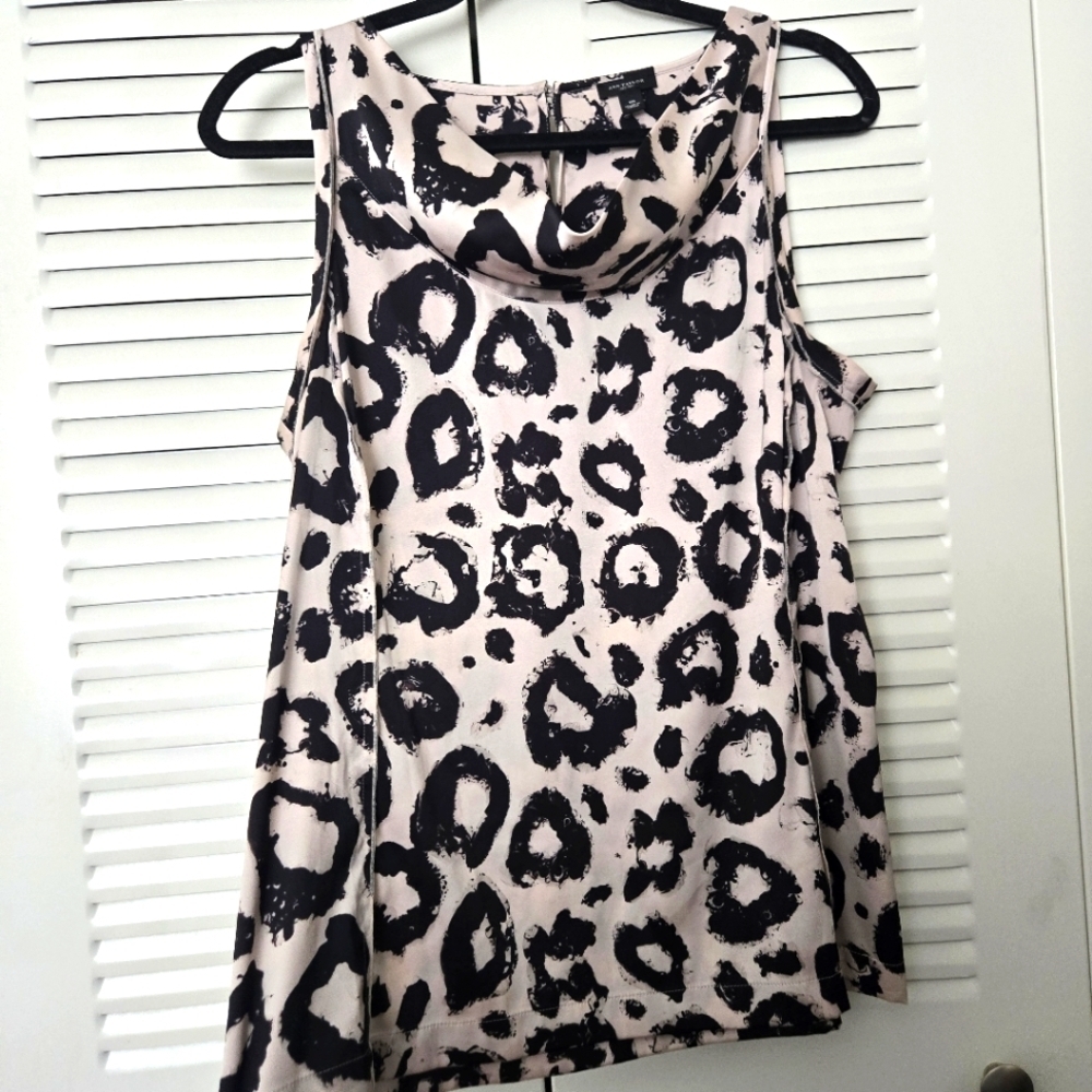 Ann Taylor Black Beige Sleeveless Satin Graphic Print Top Shell Size 10